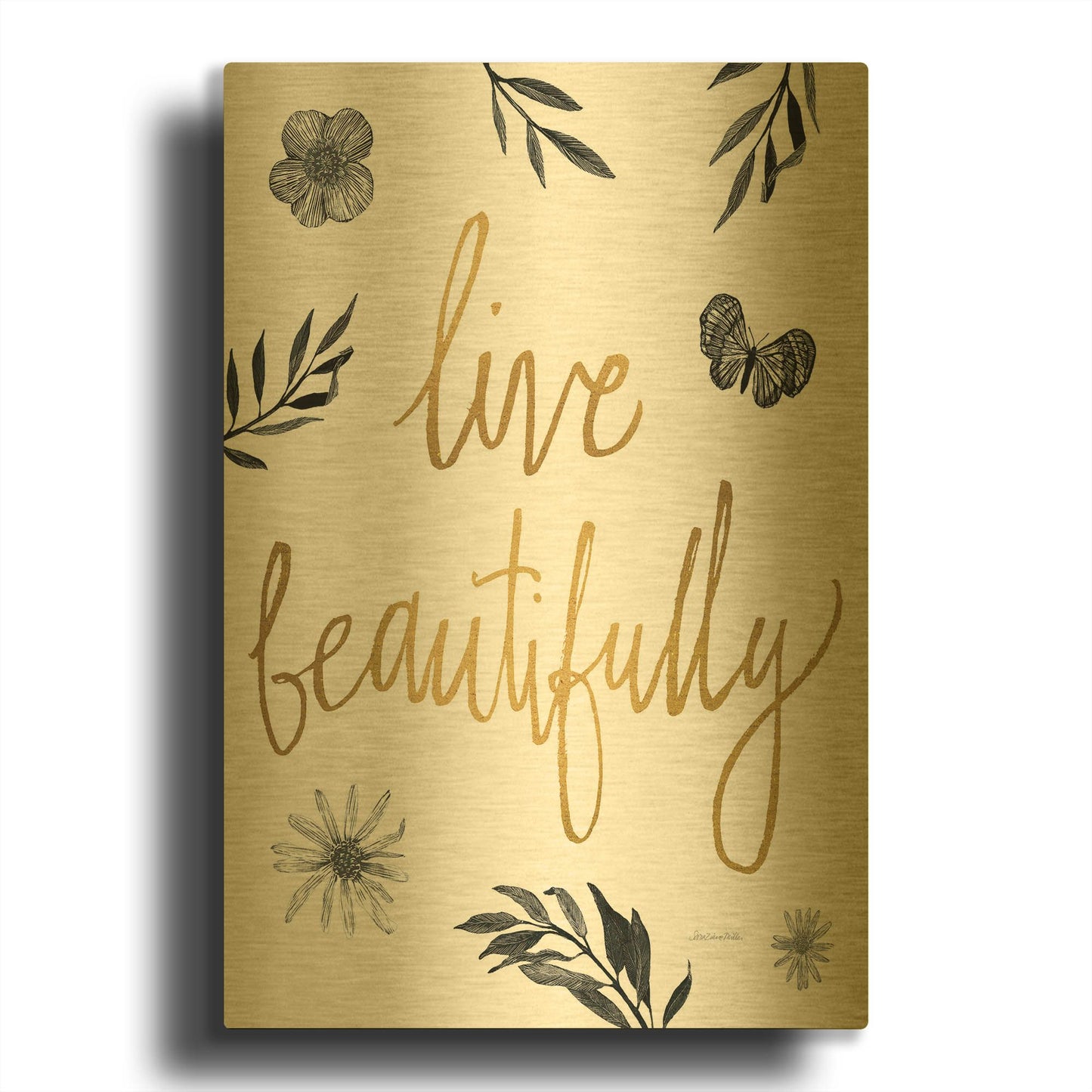 'Live Beautifully BW' By Sara Zieve Miller Gold Metal Wall Art