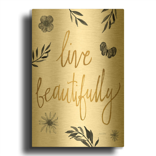 'Live Beautifully BW' By Sara Zieve Miller Gold Metal Wall Art