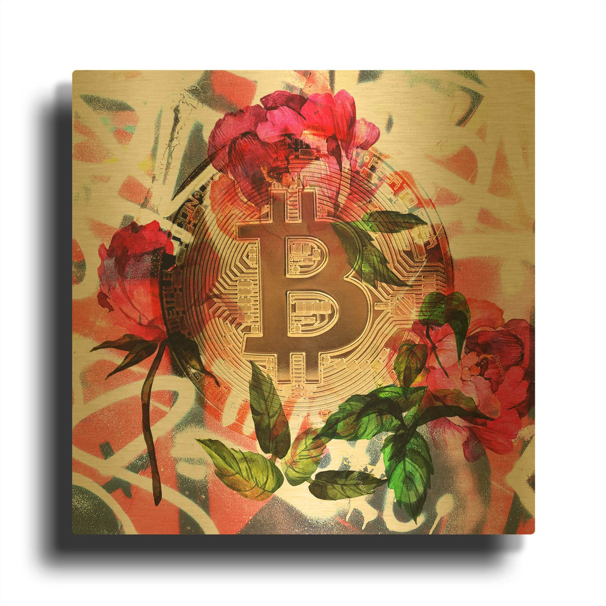 'Bitcoin Floral Inspiration 1' By Irena Orlov Gold Metal Wall Art