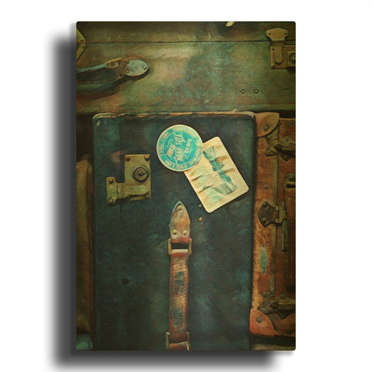 'Vintage Stacked Suitcases 1' By Ashley Aldridge Gold Metal Wall Art