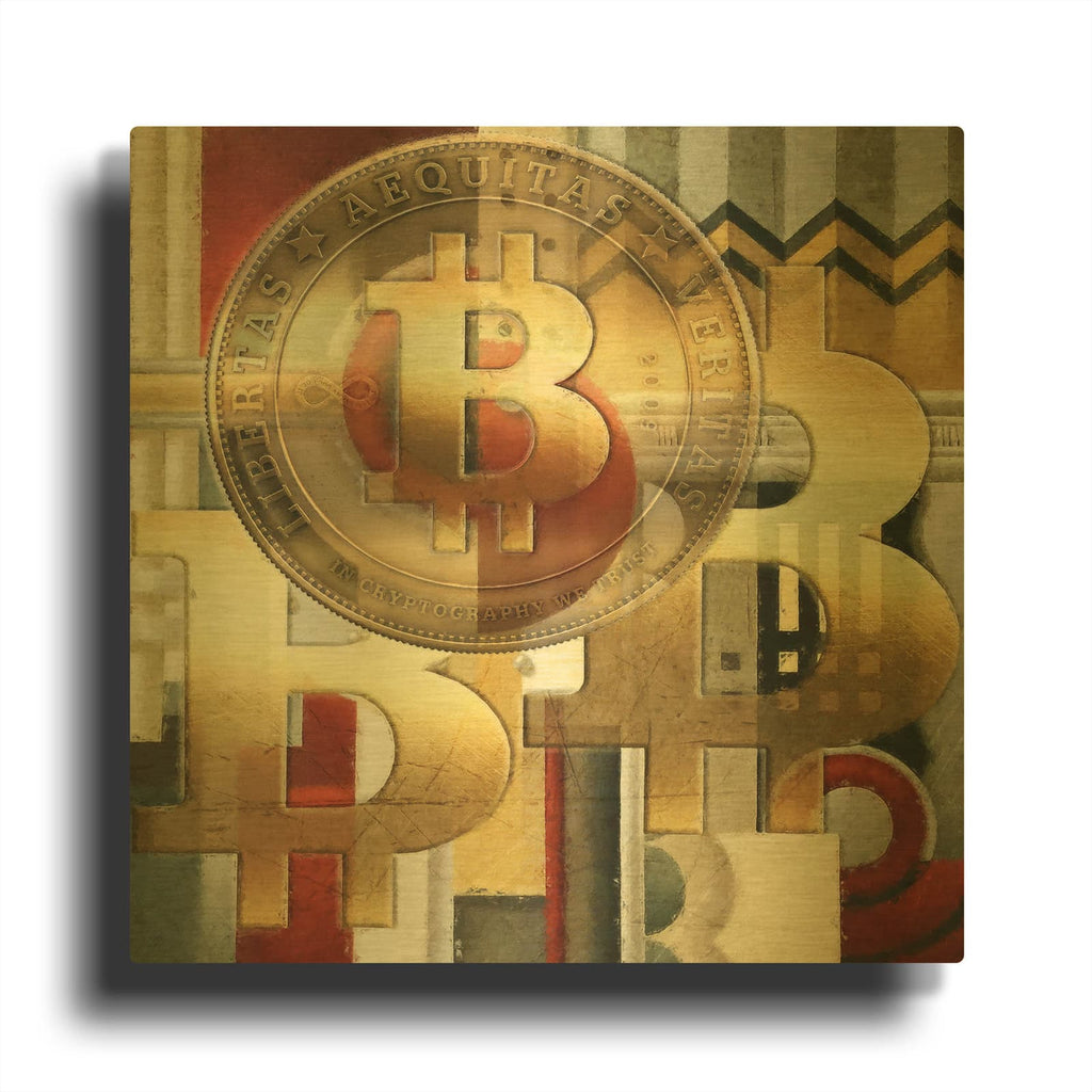 'Bitcoin Deco Seven' By Steve Hunziker Gold Metal Wall Art