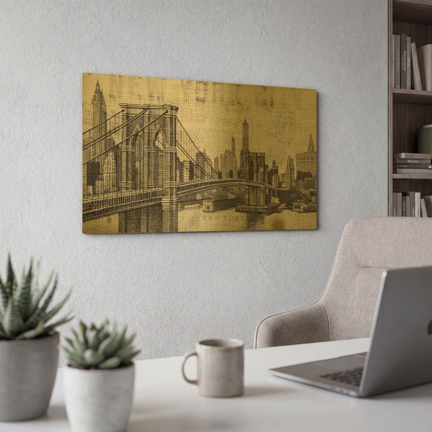 'Vintage NY Brooklyn Bridge Skyline' By Michael Mullan Gold Metal Wall Art