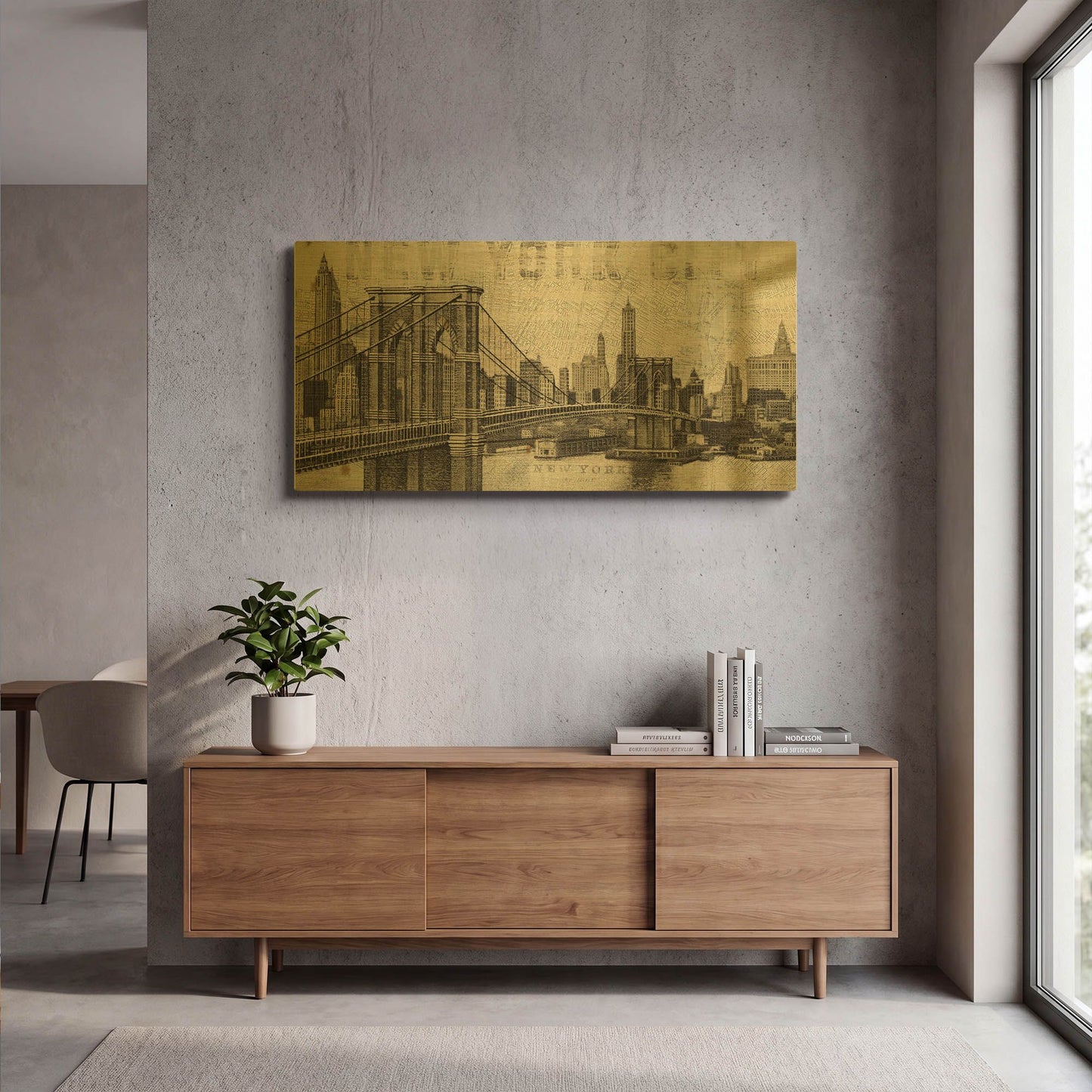 'Vintage NY Brooklyn Bridge Skyline' By Michael Mullan Gold Metal Wall Art
