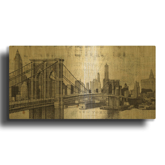 'Vintage NY Brooklyn Bridge Skyline' By Michael Mullan Gold Metal Wall Art