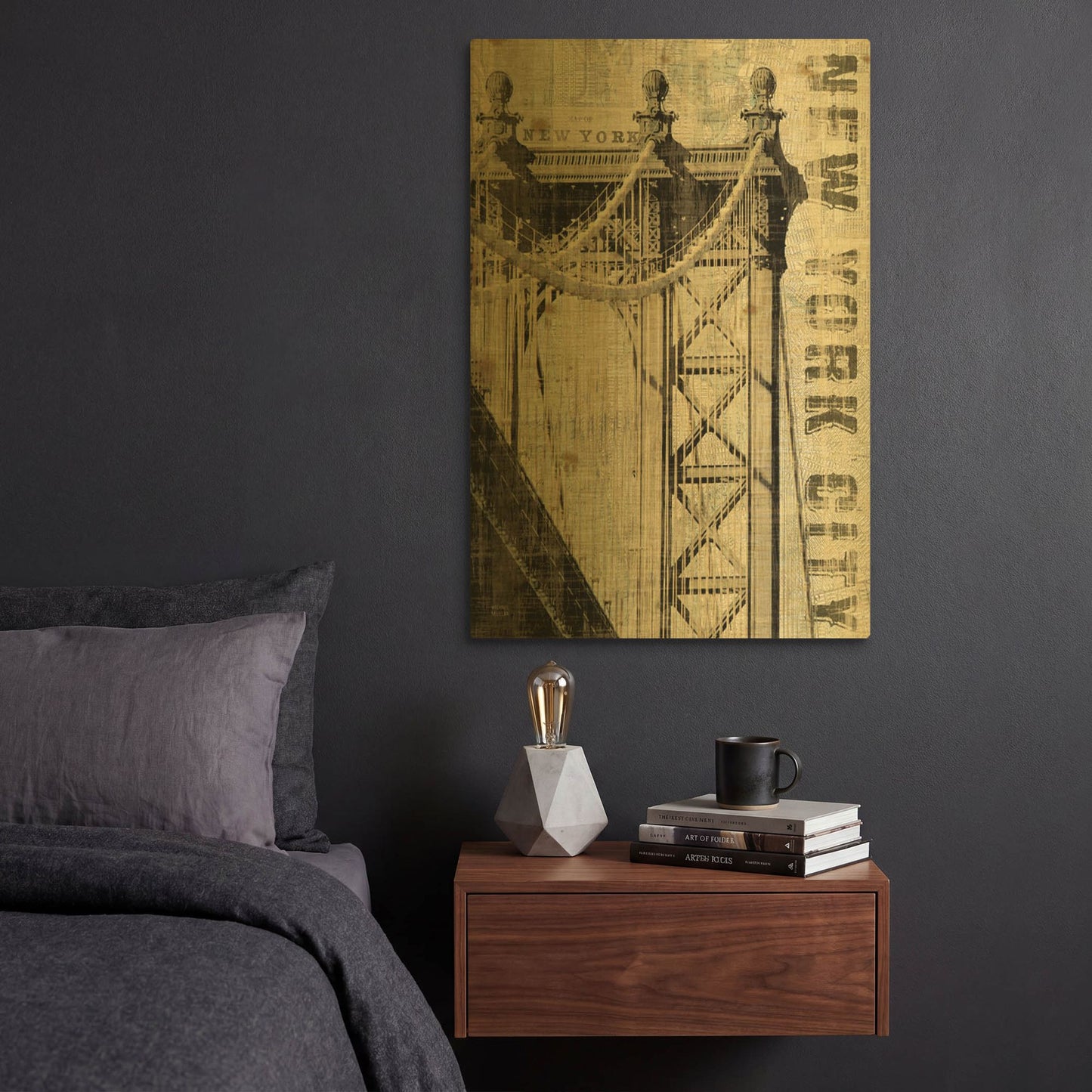 'Vintage NY Manhattan Bridge' By Michael Mullan Gold Metal Wall Art
