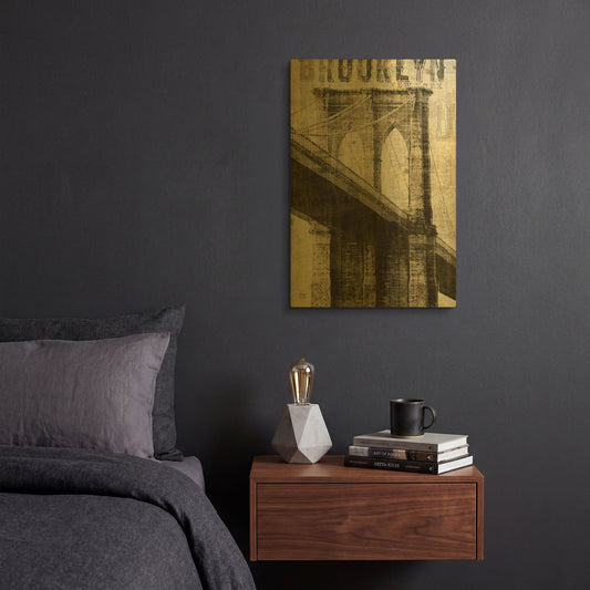 'Vintage NY Brooklyn Bridge' By Michael Mullan Gold Metal Wall Art