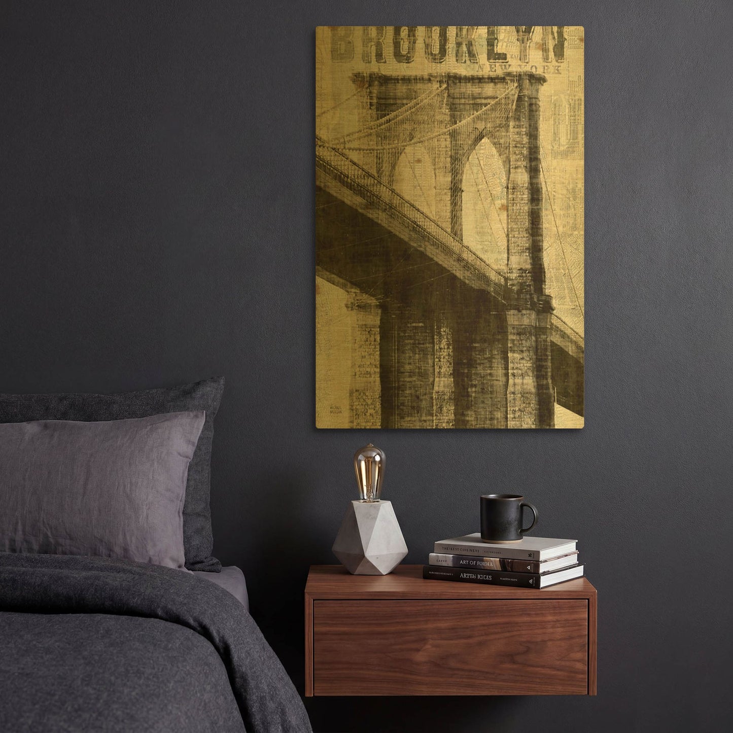 'Vintage NY Brooklyn Bridge' By Michael Mullan Gold Metal Wall Art