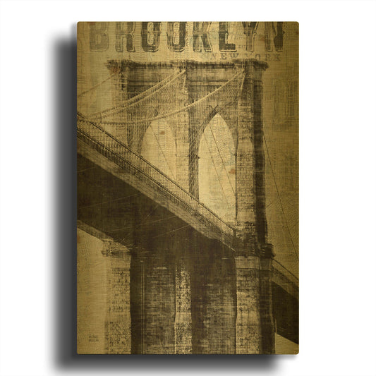 'Vintage NY Brooklyn Bridge' By Michael Mullan Gold Metal Wall Art