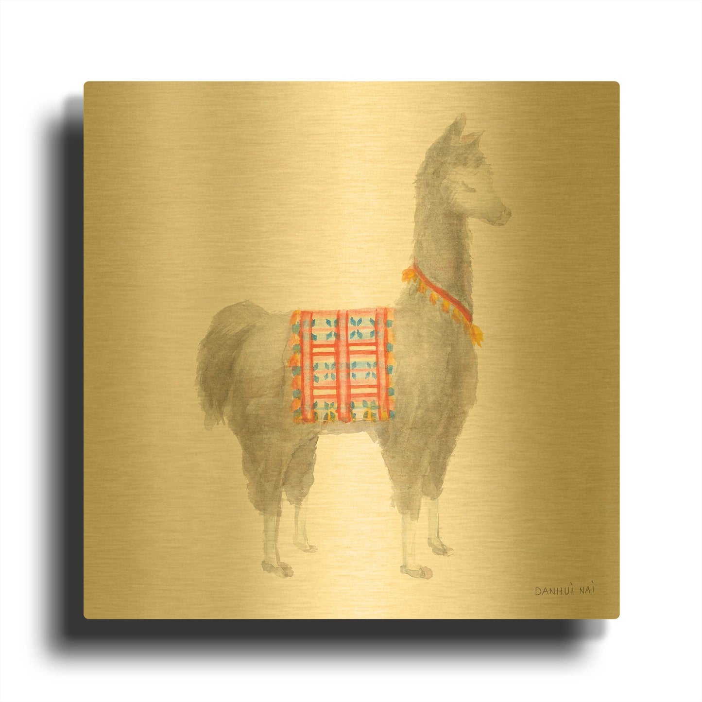 'Festive Llama I' By Danhui Nai Gold Metal Wall Art