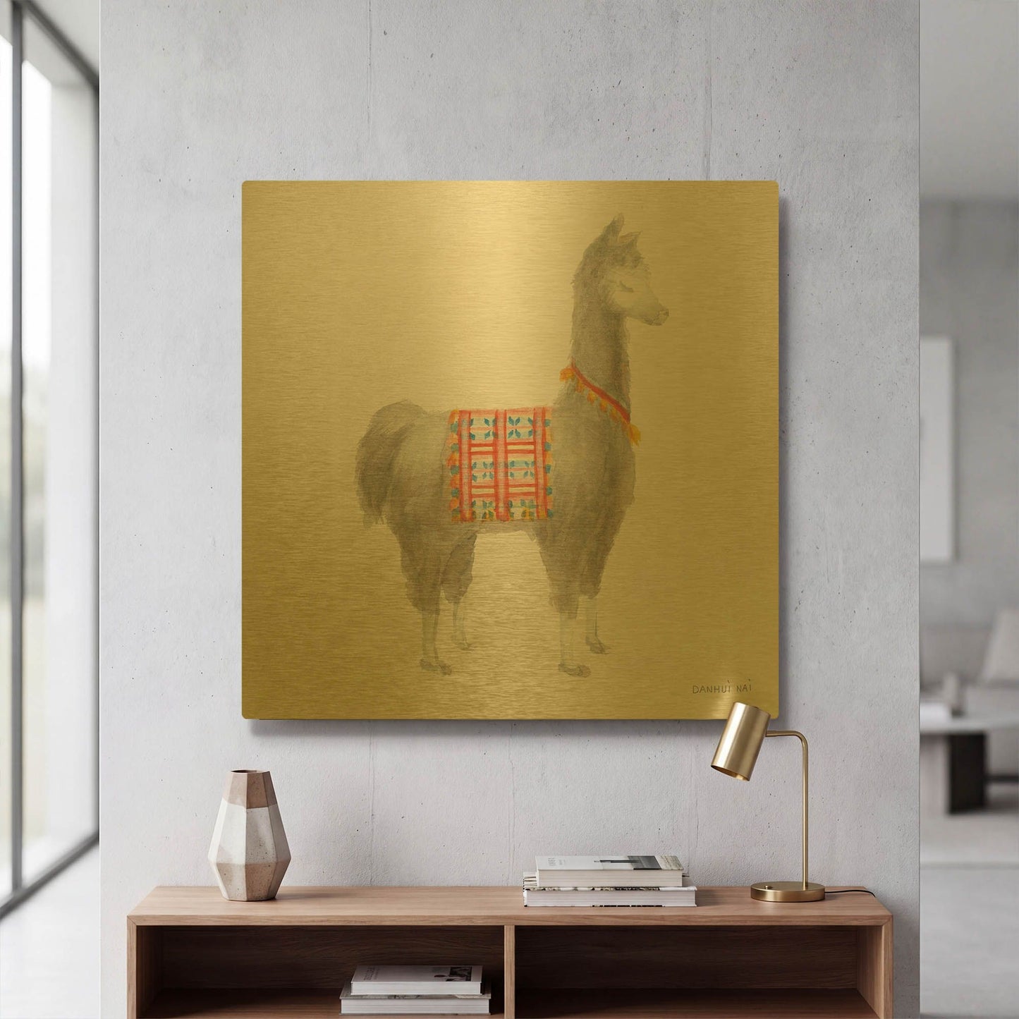 'Festive Llama I' By Danhui Nai Gold Metal Wall Art