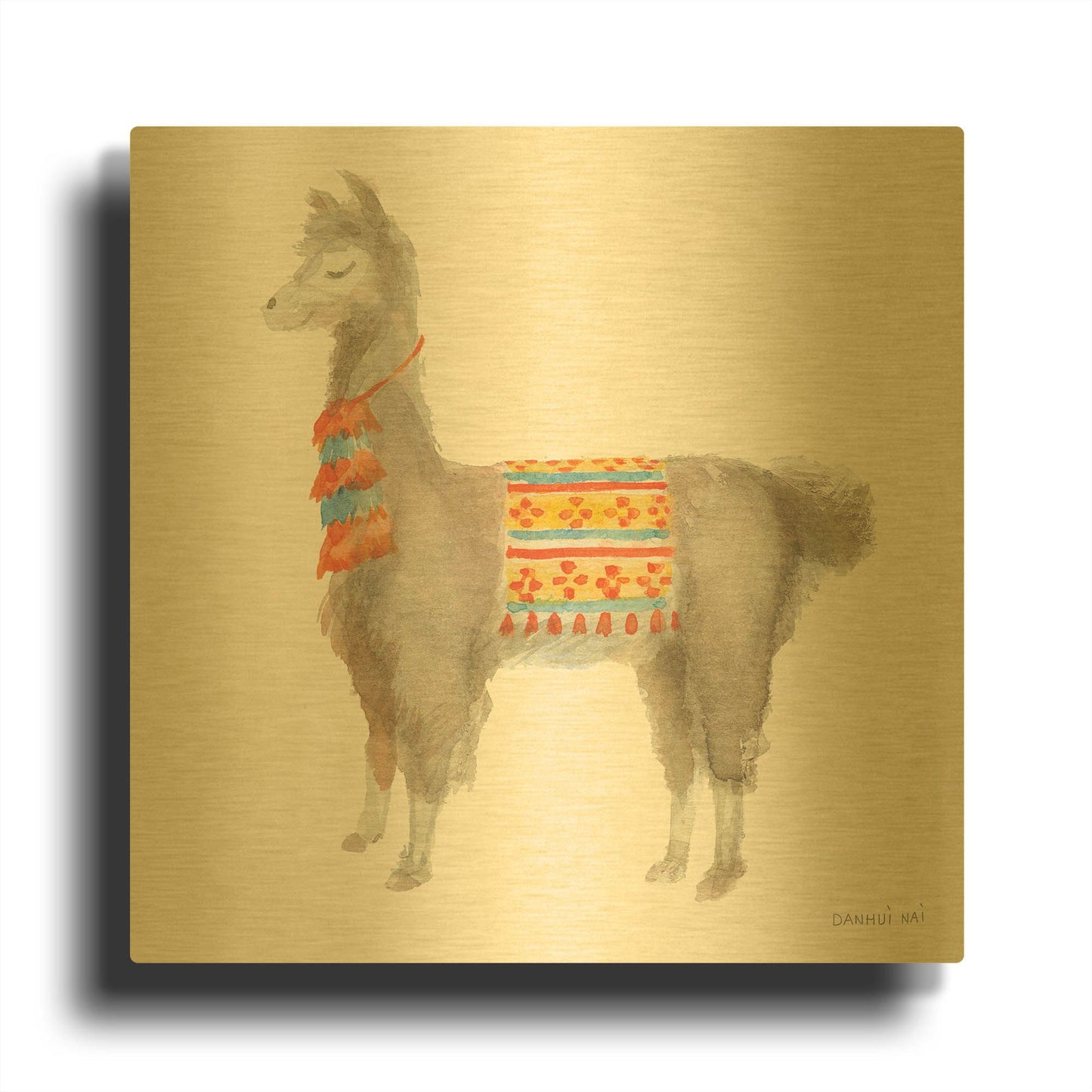 'Festive Llama II' By Danhui Nai Gold Metal Wall Art