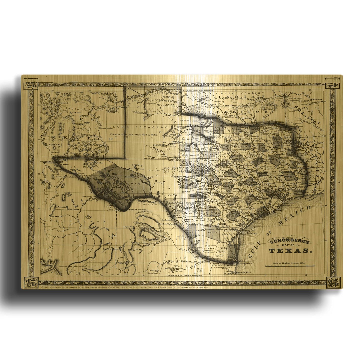 'Map of Texas 1866' By Historical Portfolio Gold Metal Wall Art