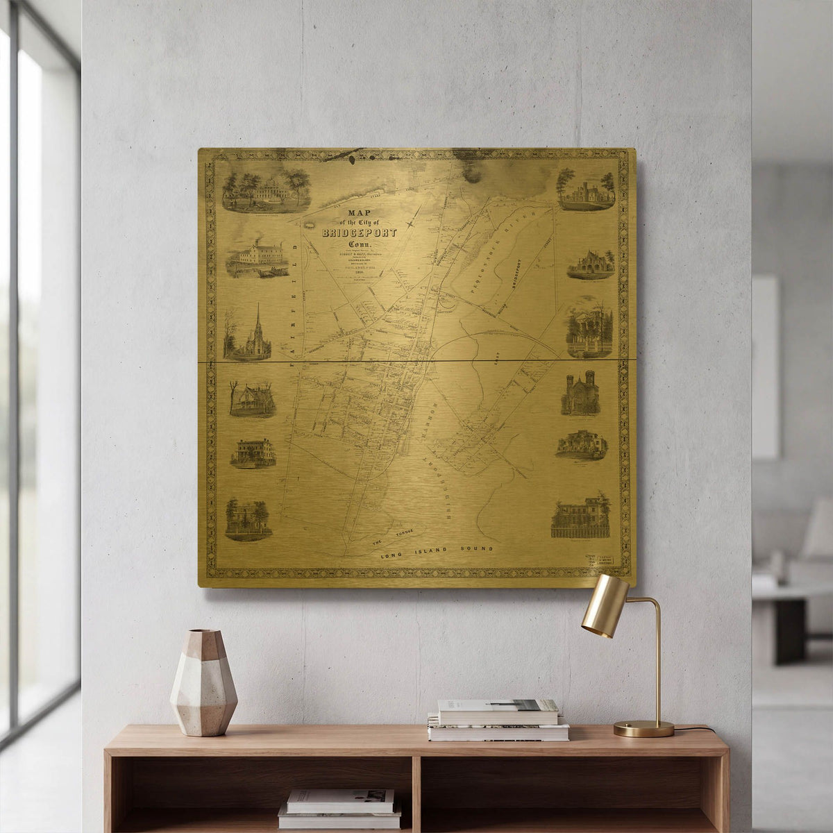 'Map of Bridgeport, CT 1850' By Historical Portfolio Gold Metal Wall Art