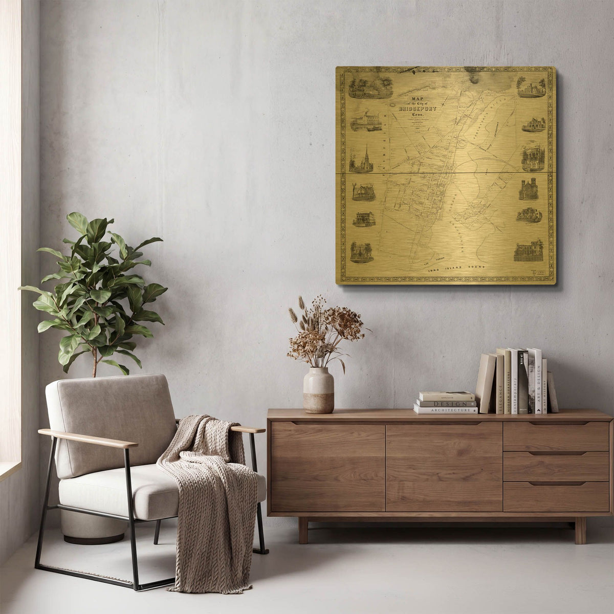 'Map of Bridgeport, CT 1850' By Historical Portfolio Gold Metal Wall Art