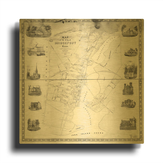 'Map of Bridgeport, CT 1850' By Historical Portfolio Gold Metal Wall Art