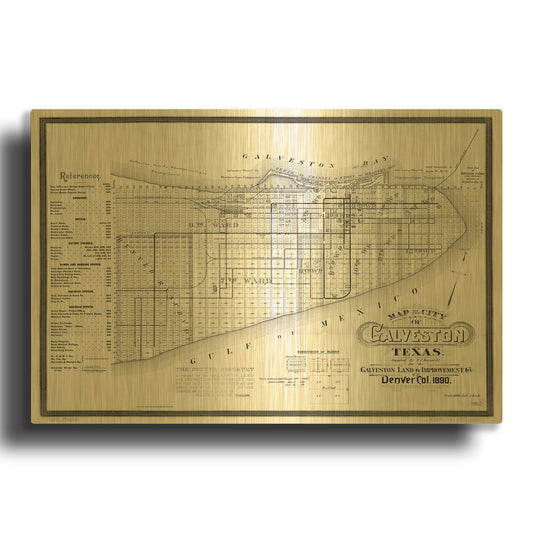 'Map of Galveston, TX 1890' By Historical Portfolio Gold Metal Wall Art
