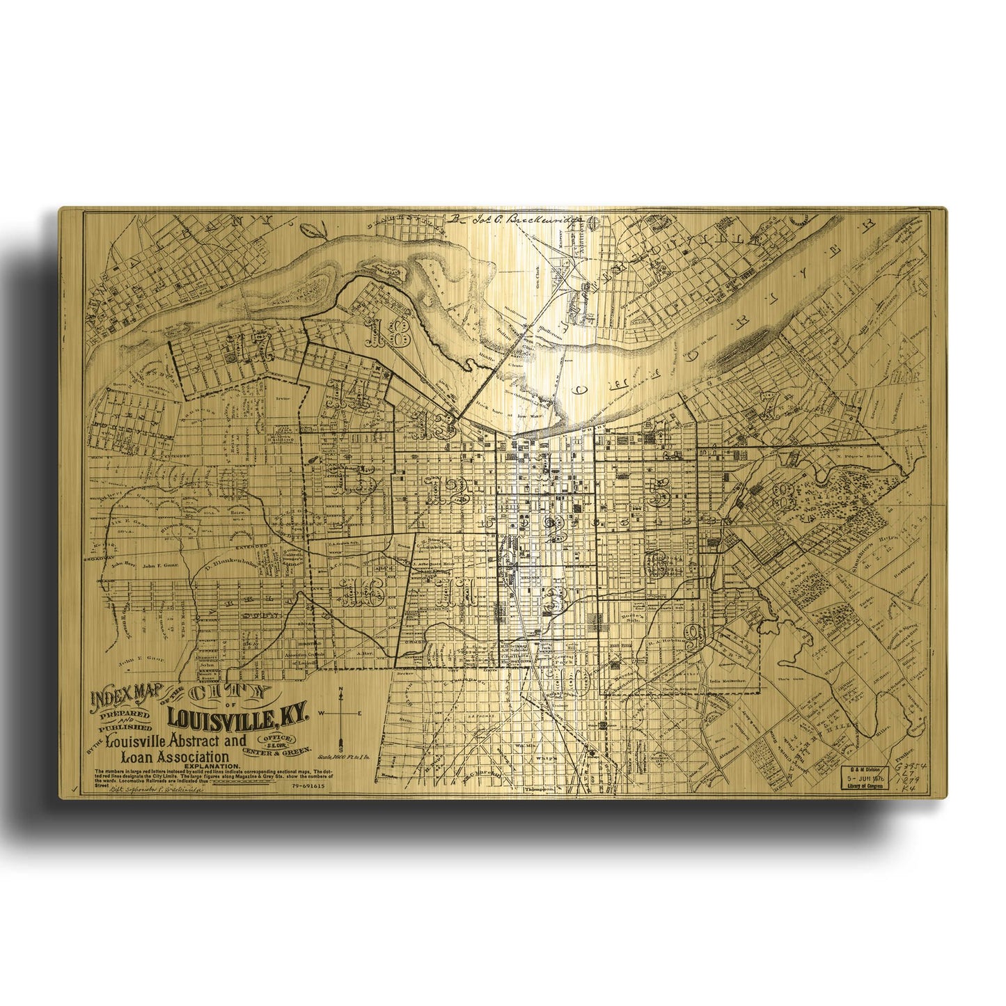 'Map of Louisville, KY 1879' By Historical Portfolio Gold Metal Wall Art