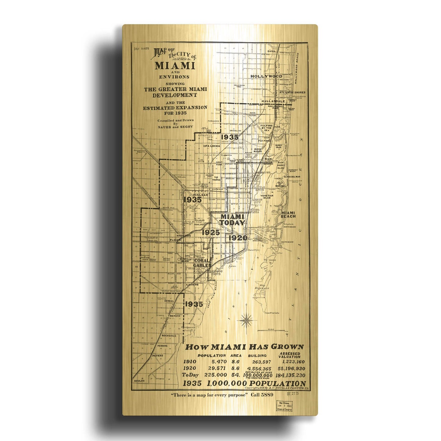 'Map of Miami 1925' By Historical Portfolio Gold Metal Wall Art
