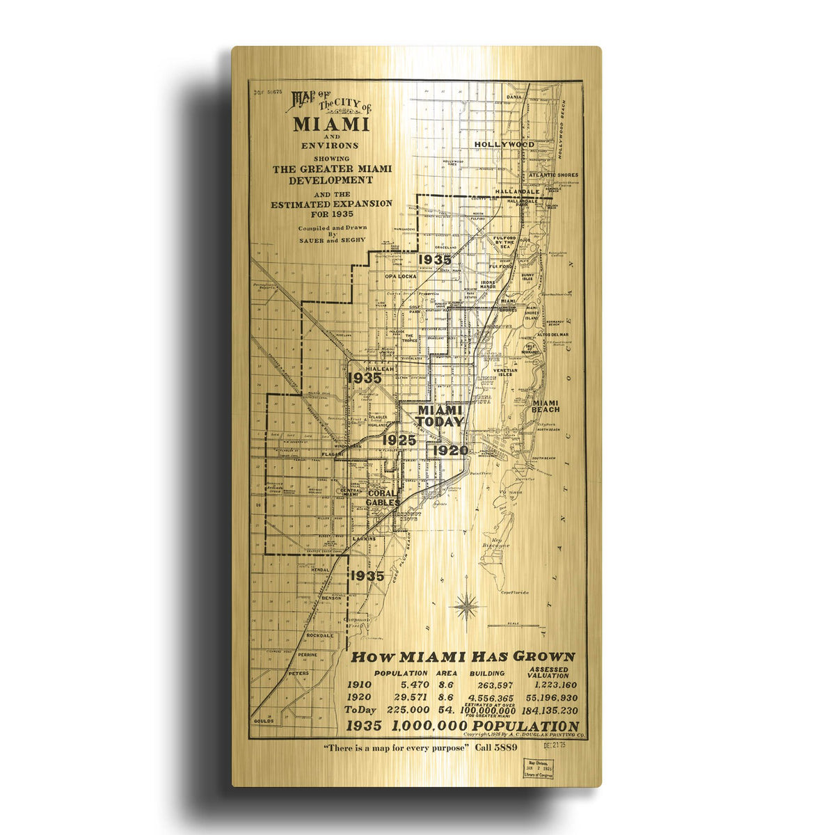 'Map of Miami 1925' By Historical Portfolio Gold Metal Wall Art