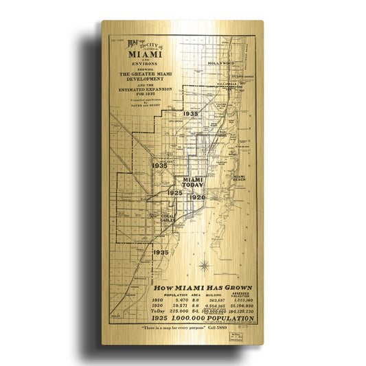 'Map of Miami 1925' By Historical Portfolio Gold Metal Wall Art