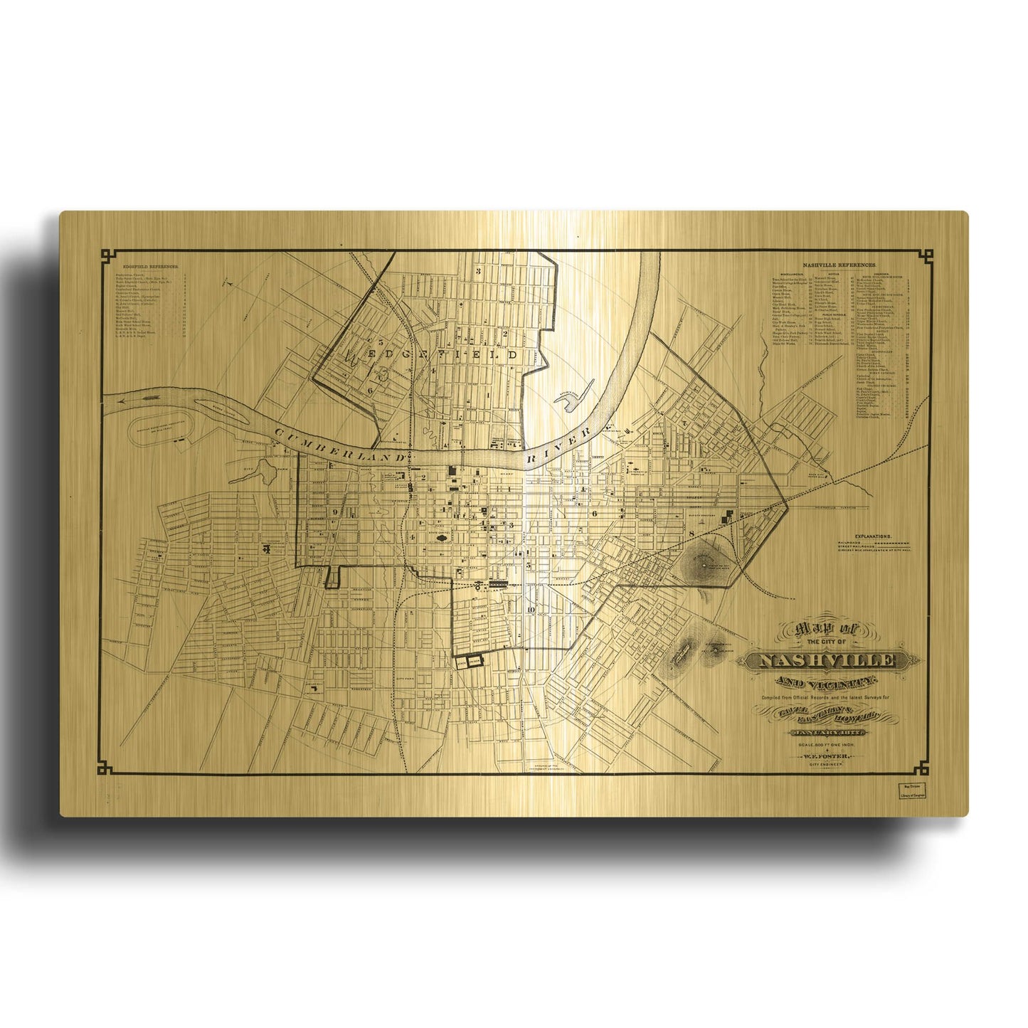 'Map of Nashville 1877' By Historical Portfolio Gold Metal Wall Art