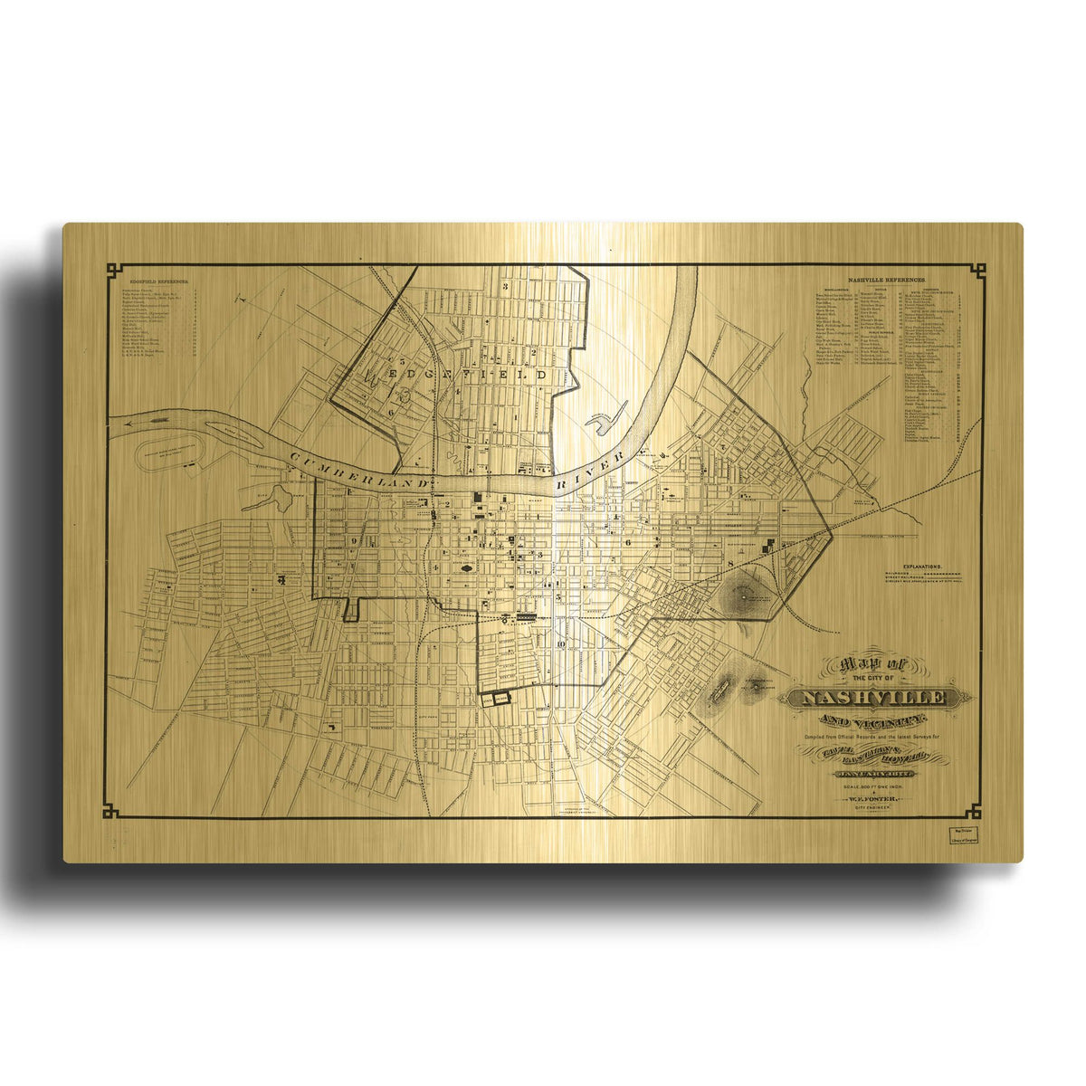 'Map of Nashville 1877' By Historical Portfolio Gold Metal Wall Art