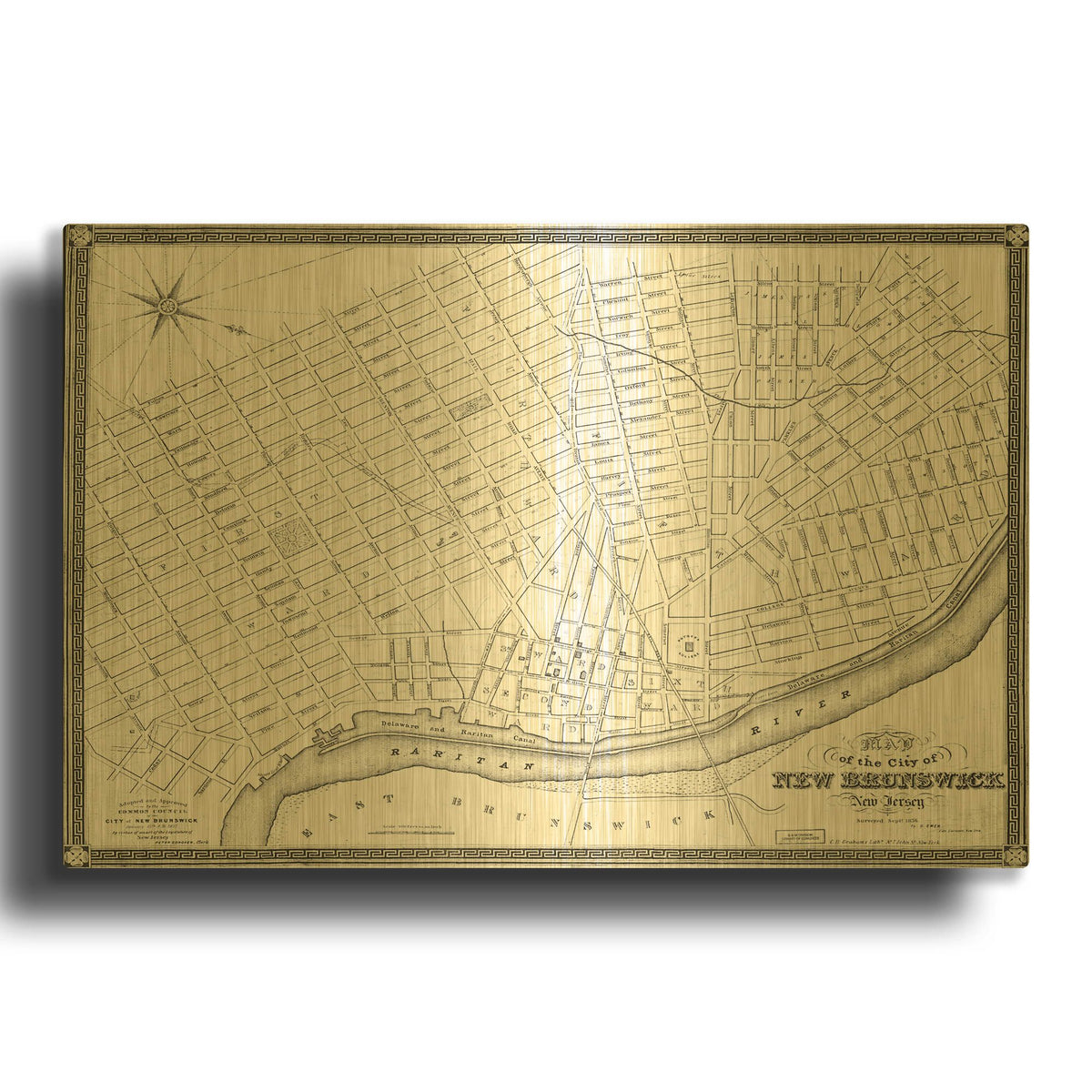 'Map of New Brunswick, NJ 1836' By Historical Portfolio Gold Metal Wall Art