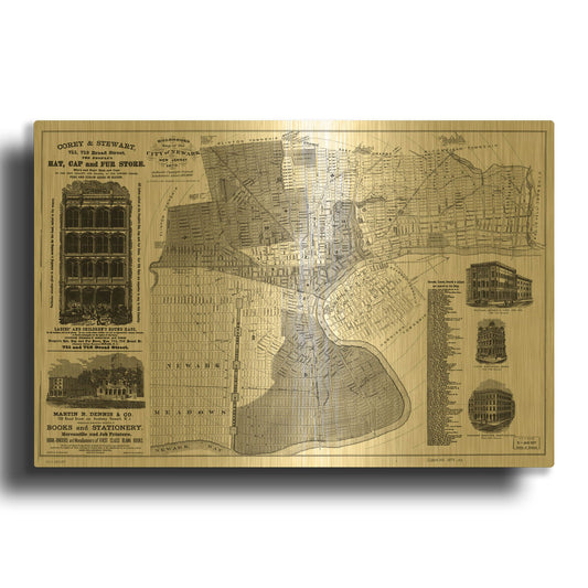 'Map of Newark, NJ 1879' By Historical Portfolio Gold Metal Wall Art