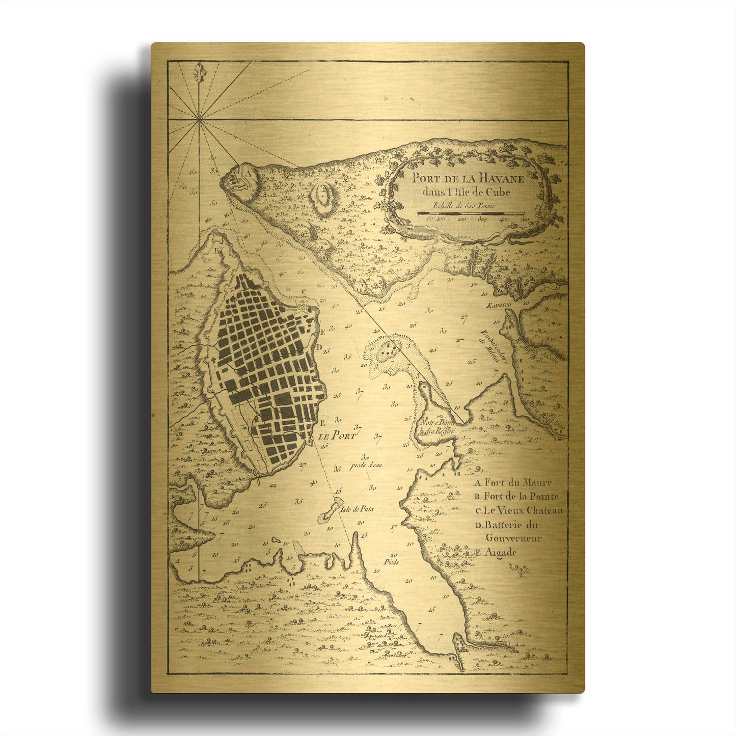 'Petite Map of the Port of Havana' By Historical Portfolio Gold Metal Wall Art