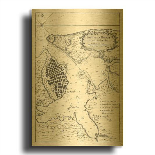 'Petite Map of the Port of Havana' By Historical Portfolio Gold Metal Wall Art