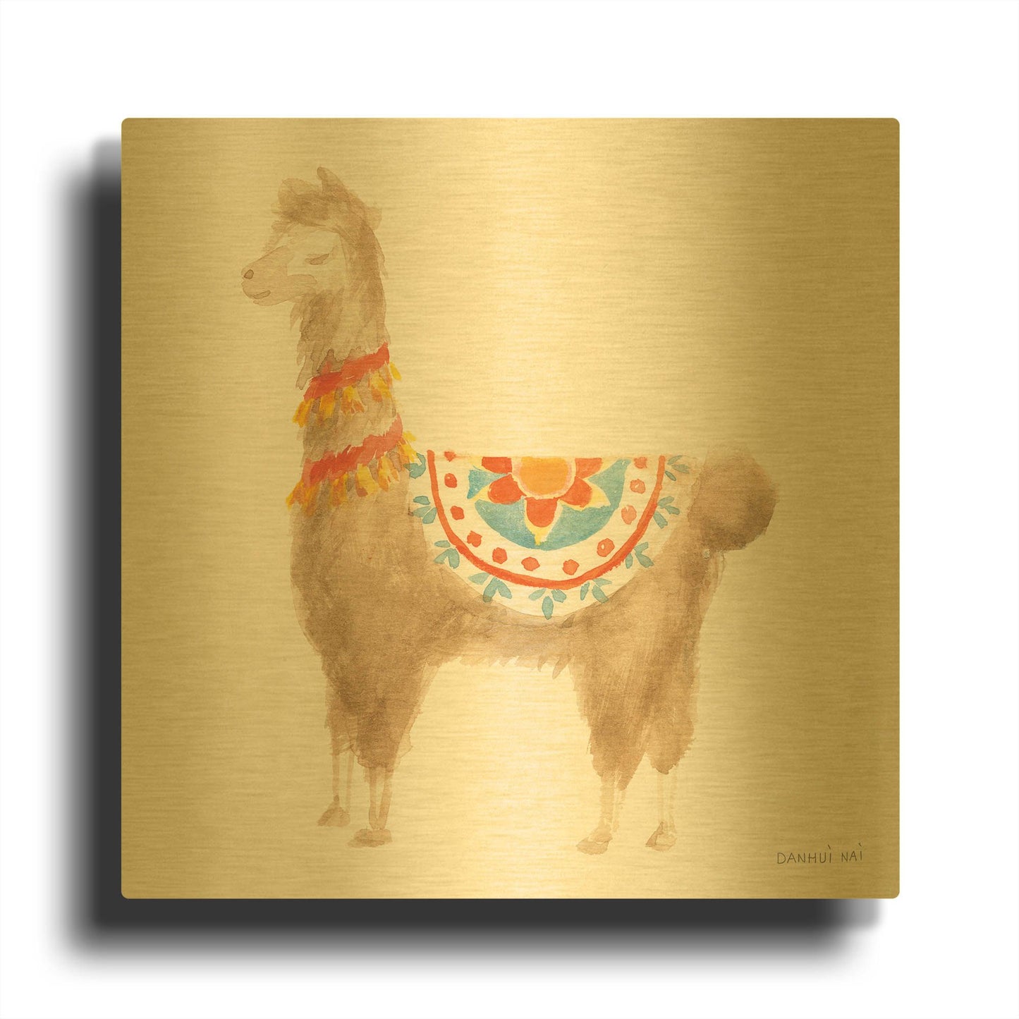 'Festive Llama IV' By Danhui Nai Gold Metal Wall Art