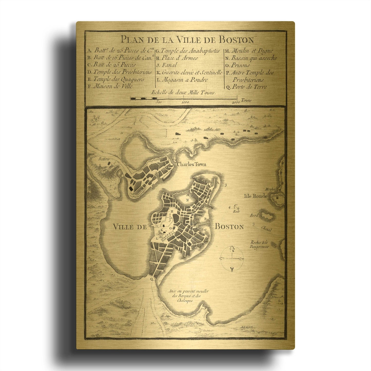 'Petite Map of Boston' By Historical Portfolio Gold Metal Wall Art