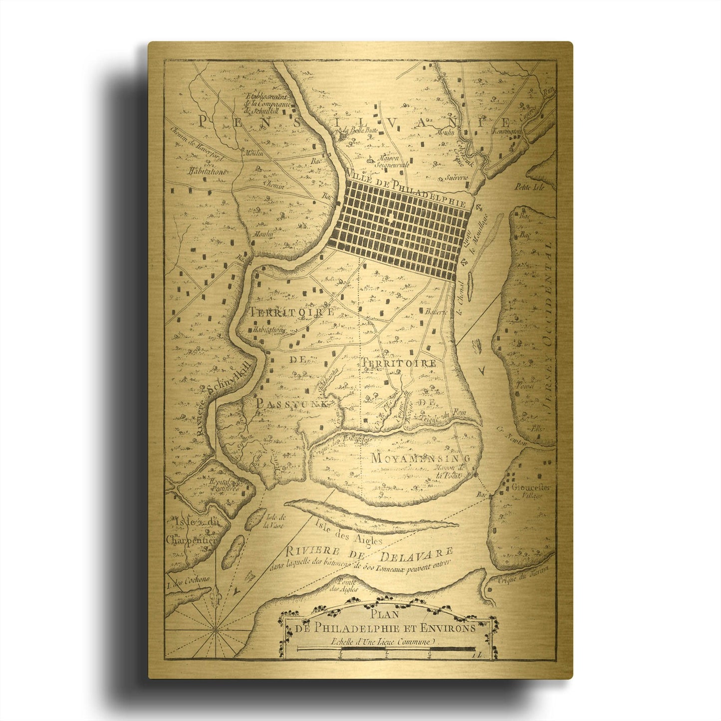 'Petite Map of Philadelphia' By Historical Portfolio Gold Metal Wall Art