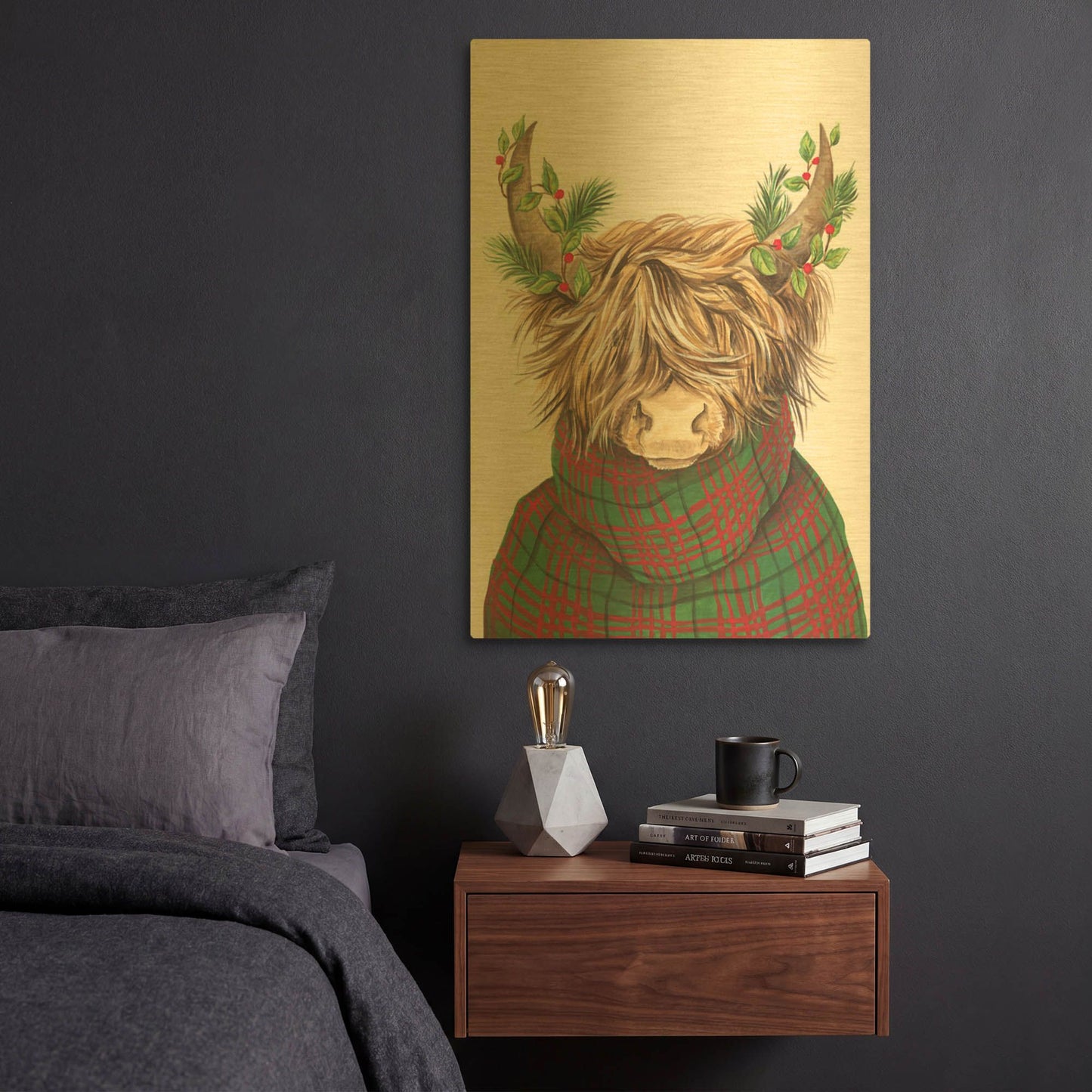 'Christmas Highland Cow' By Diane Kater Gold Metal Wall Art