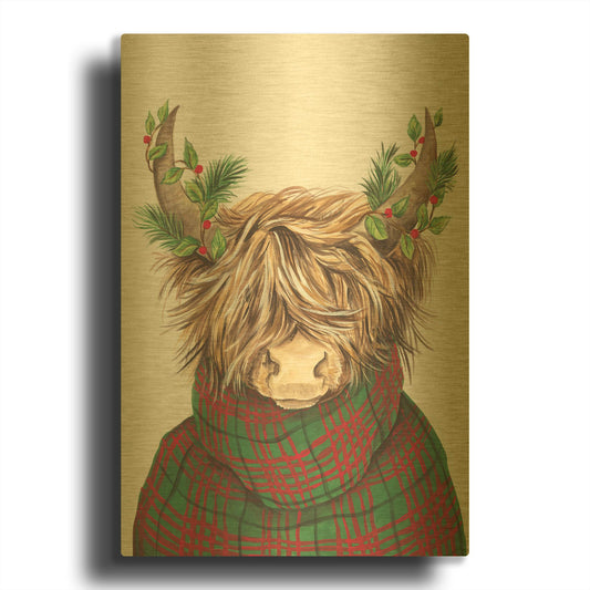 'Christmas Highland Cow' By Diane Kater Gold Metal Wall Art