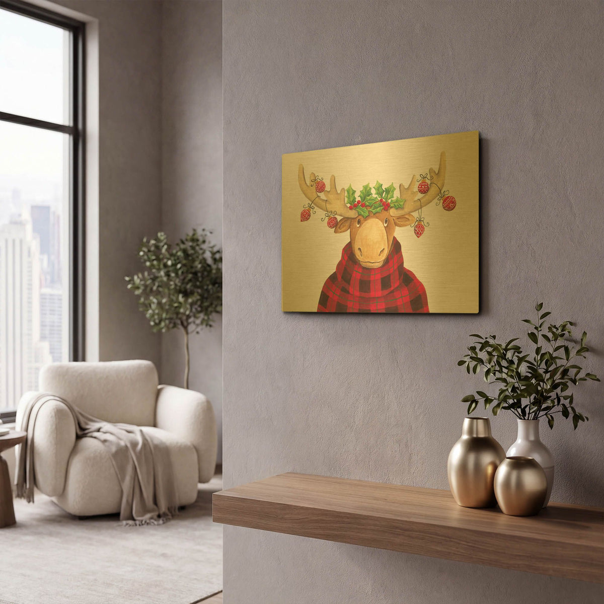 'Christmas Moose' By Diane Kater Gold Metal Wall Art