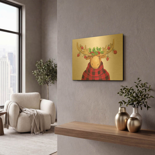 'Christmas Moose' By Diane Kater Gold Metal Wall Art