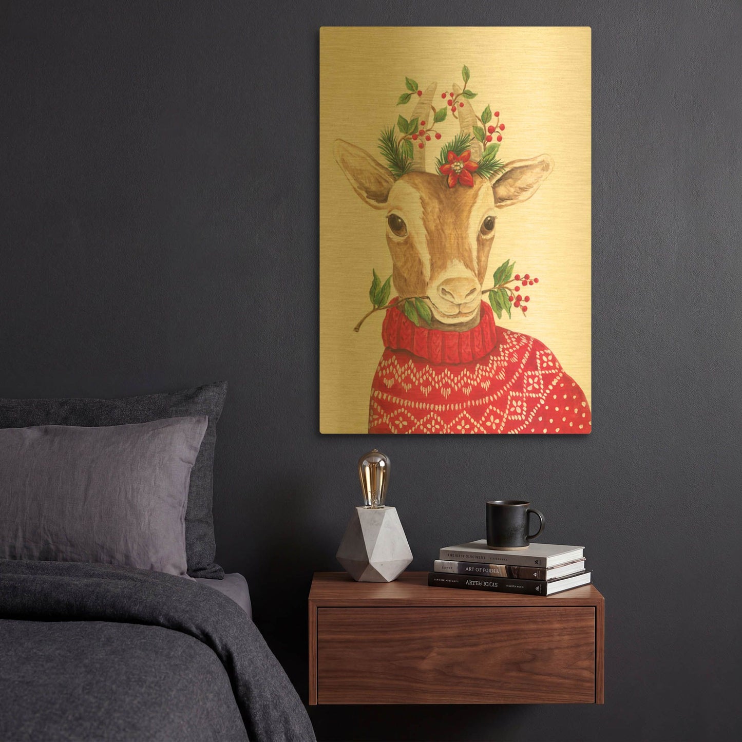 'Christmas Goat' By Diane Kater Gold Metal Wall Art