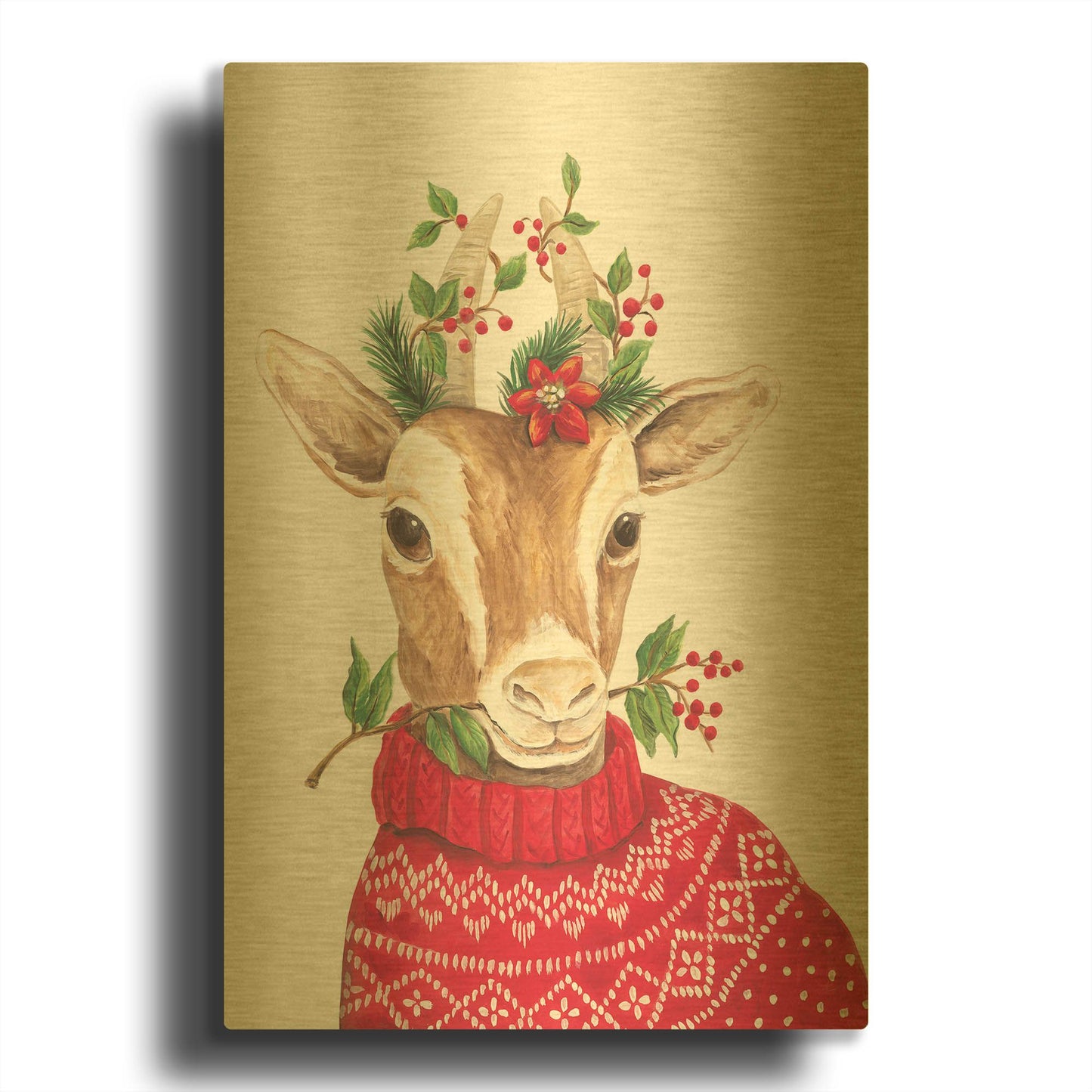 'Christmas Goat' By Diane Kater Gold Metal Wall Art