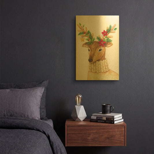 'Christmas Deer' By Diane Kater Gold Metal Wall Art