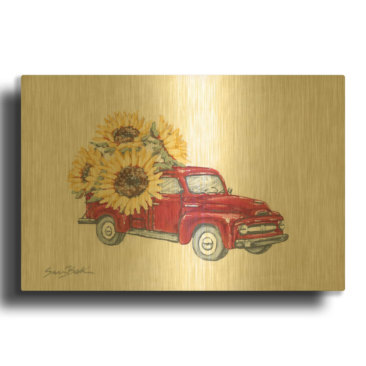 'Sunflower Farm Truck' By Sara Baker Gold Metal Wall Art