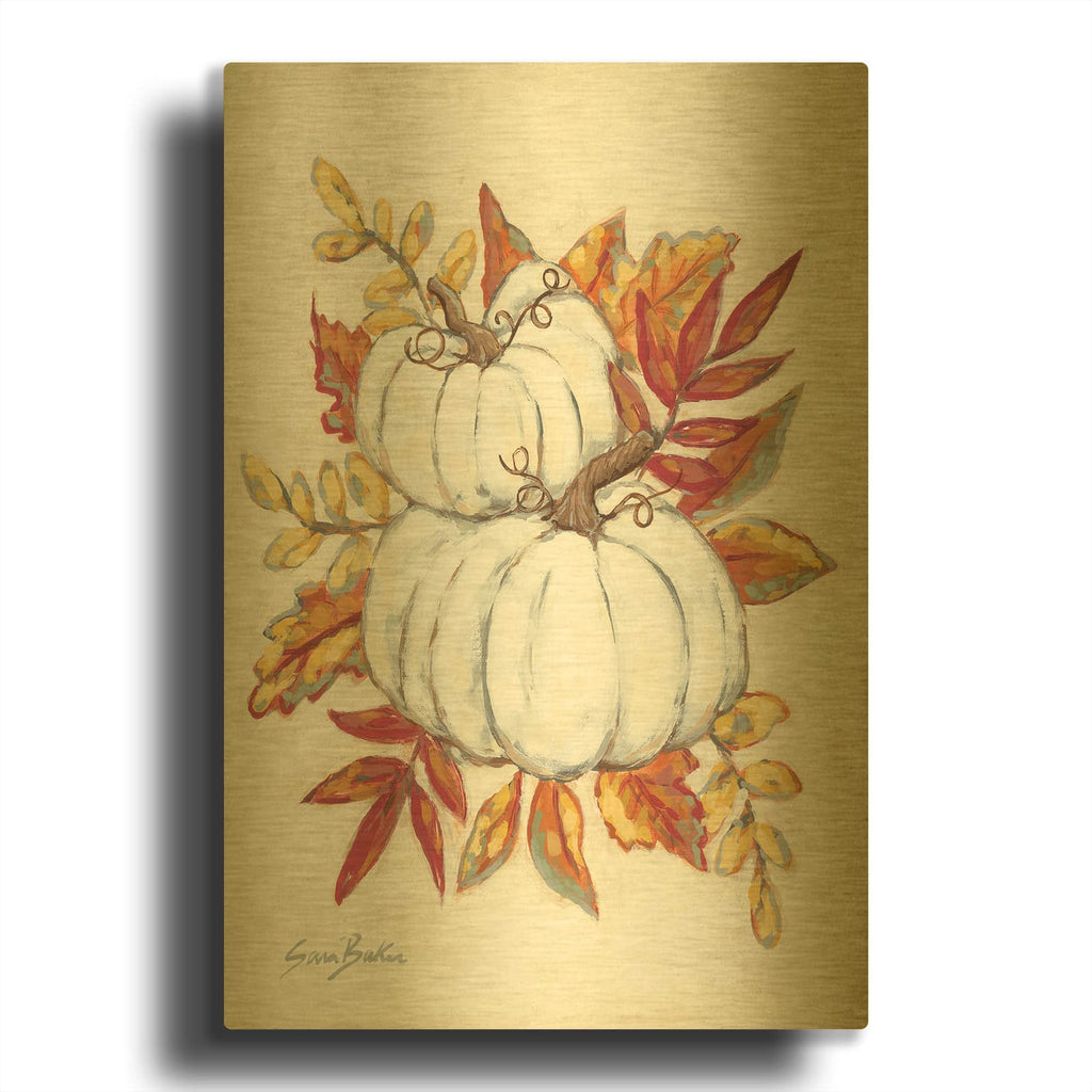 'White Pumpkin Fall Foliage' By Sara Baker Gold Metal Wall Art