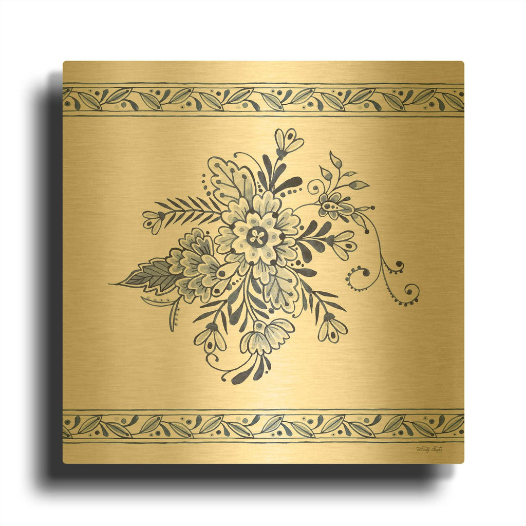 'Navy Floral IV' By Cindy Jacobs Gold Metal Wall Art