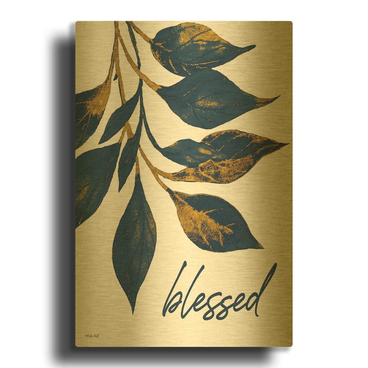 'Blessed Navy Gold Leaves' By Cindy Jacobs Gold Metal Wall Art