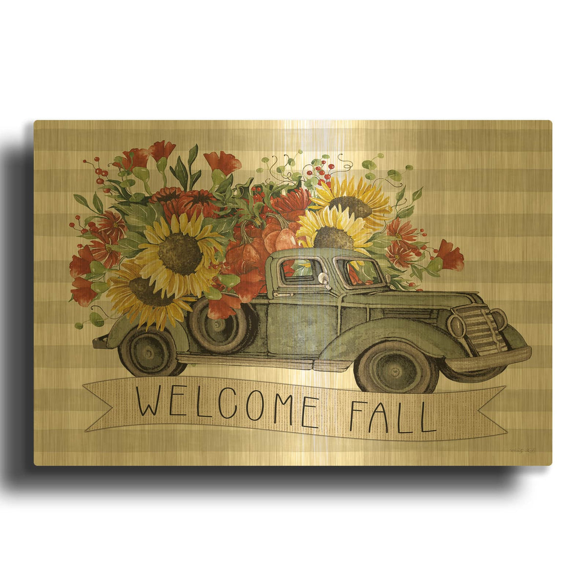 'Welcome Fall Truck' By Cindy Jacobs Gold Metal Wall Art