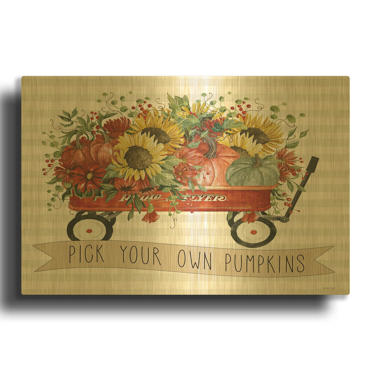 'Pick Your Own Pumpkins Wagon' By Cindy Jacobs Gold Metal Wall Art