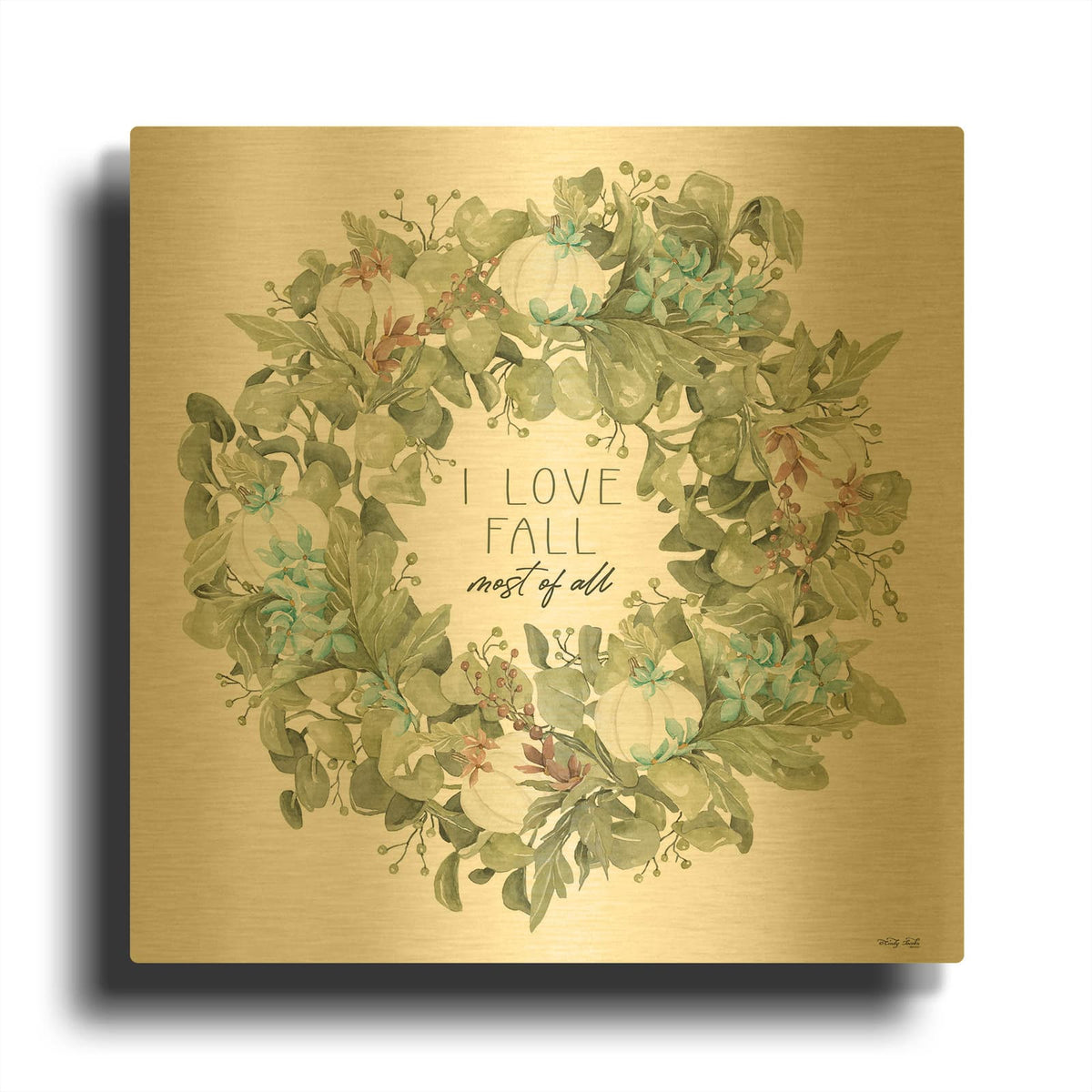 'I Love Fall Wreath' By Cindy Jacobs Gold Metal Wall Art