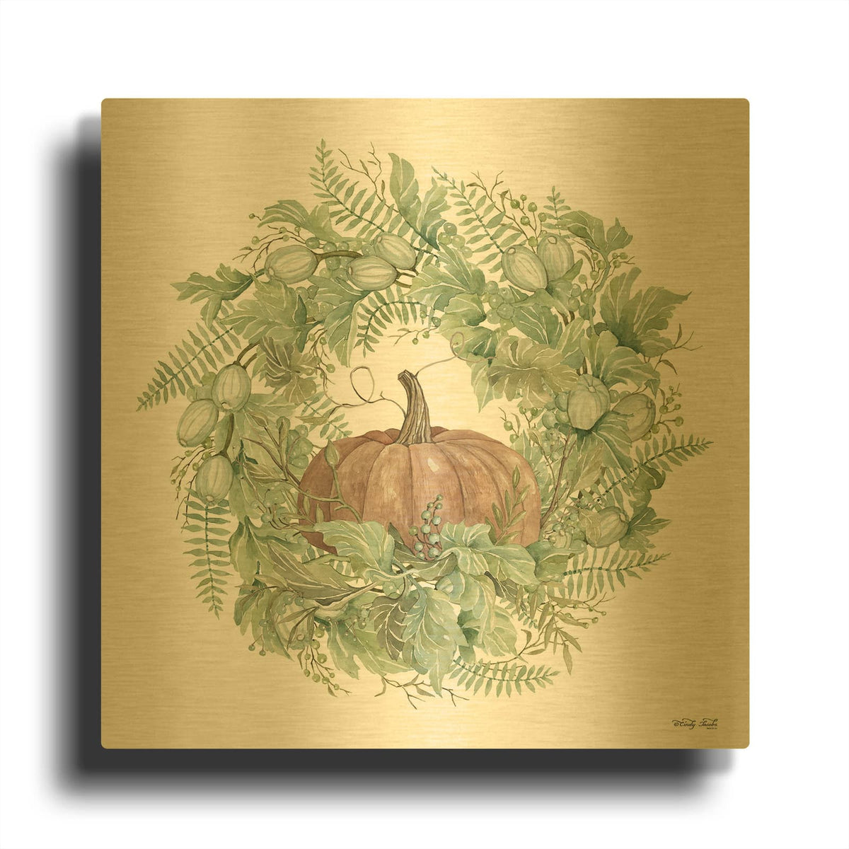 'Pumpkin Wreath I' By Cindy Jacobs Gold Metal Wall Art