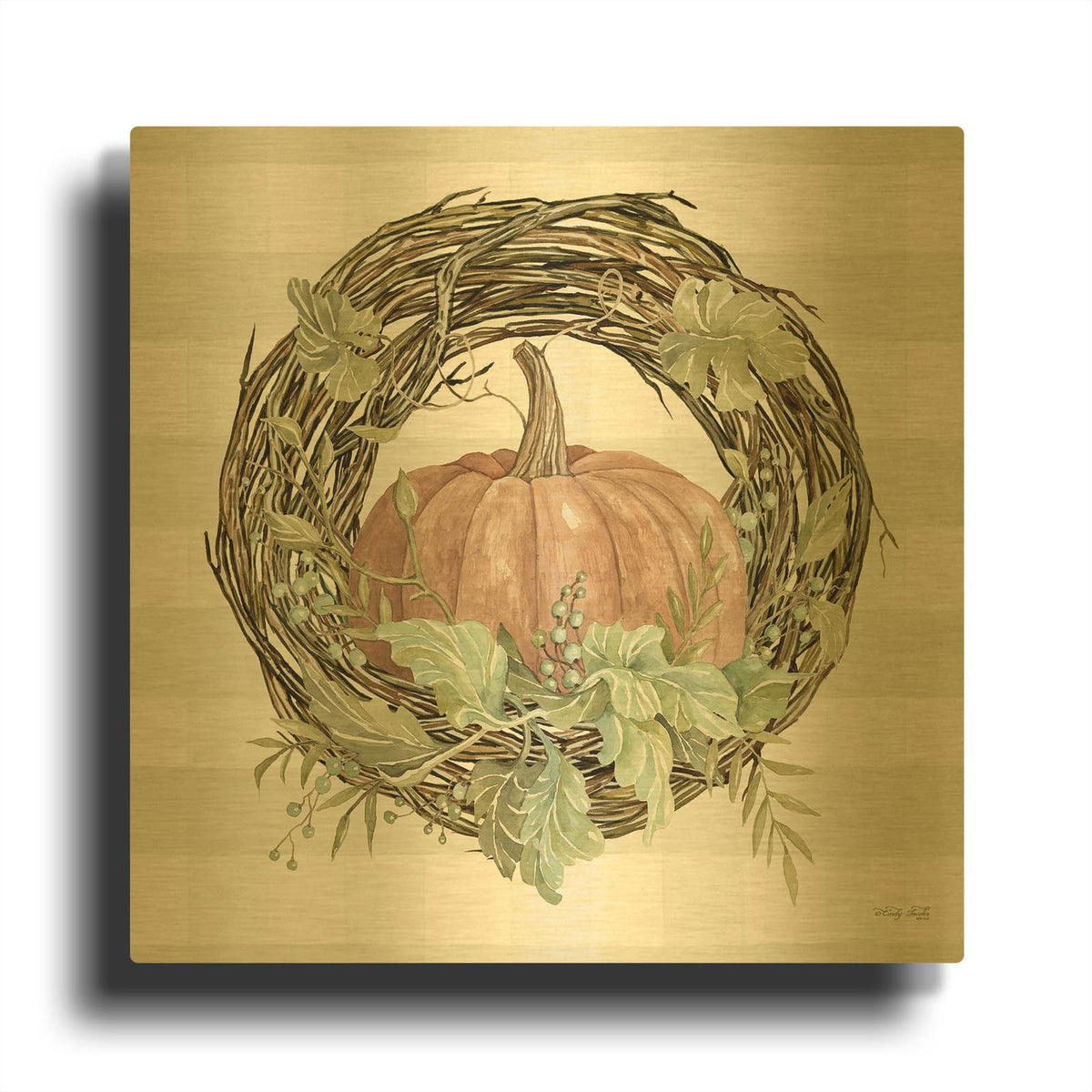 'Pumpkin Wreath II' By Cindy Jacobs Gold Metal Wall Art