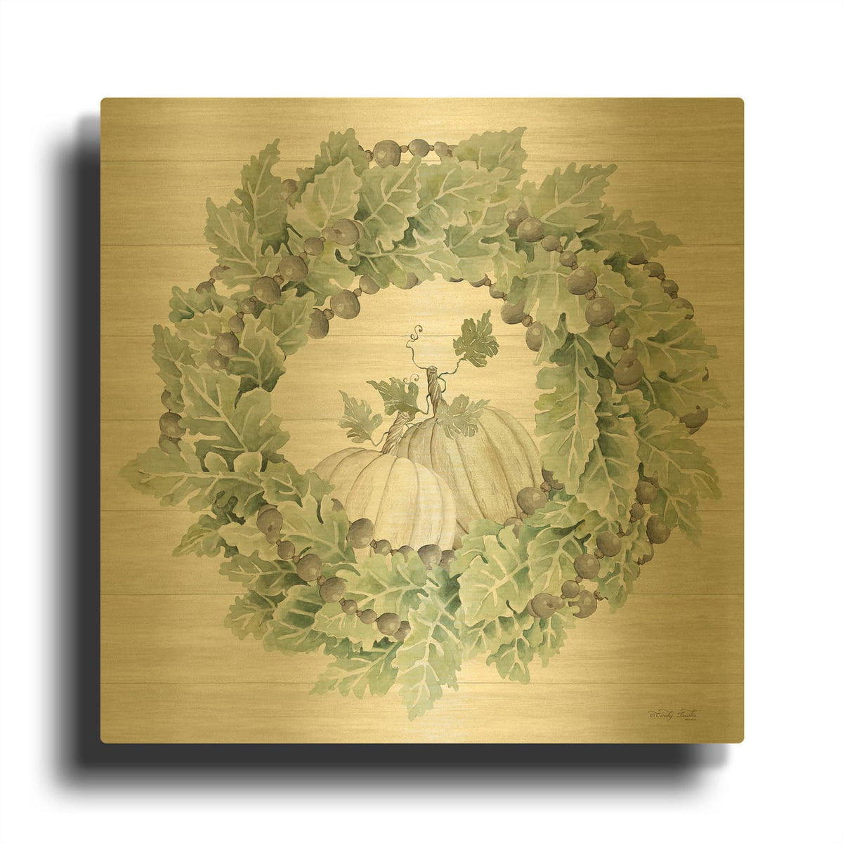 'Pumpkin Wreath III' By Cindy Jacobs Gold Metal Wall Art